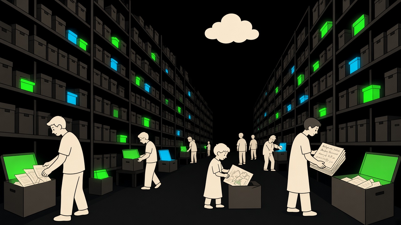 People in a long warehouse aisle open boxes of drawings and letters beneath a small cloud.