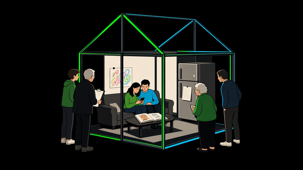 A family sits inside a glass house while people outside look in at a photo album, a child's drawing, and a note on the fridge.