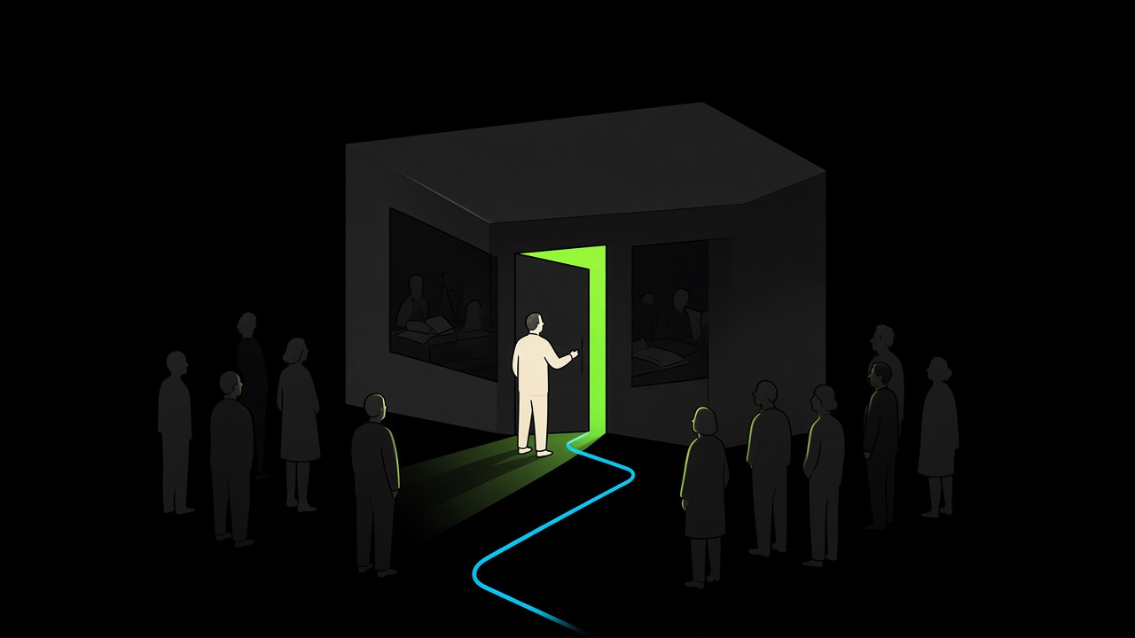 One person stands at the open door of a dark house while a crowd waits outside.