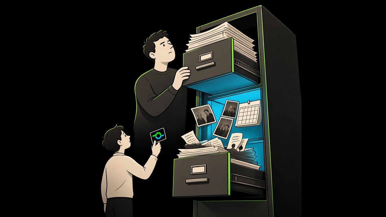A small person holds up a keycard while a much larger person searches an open filing cabinet of photographs and papers.